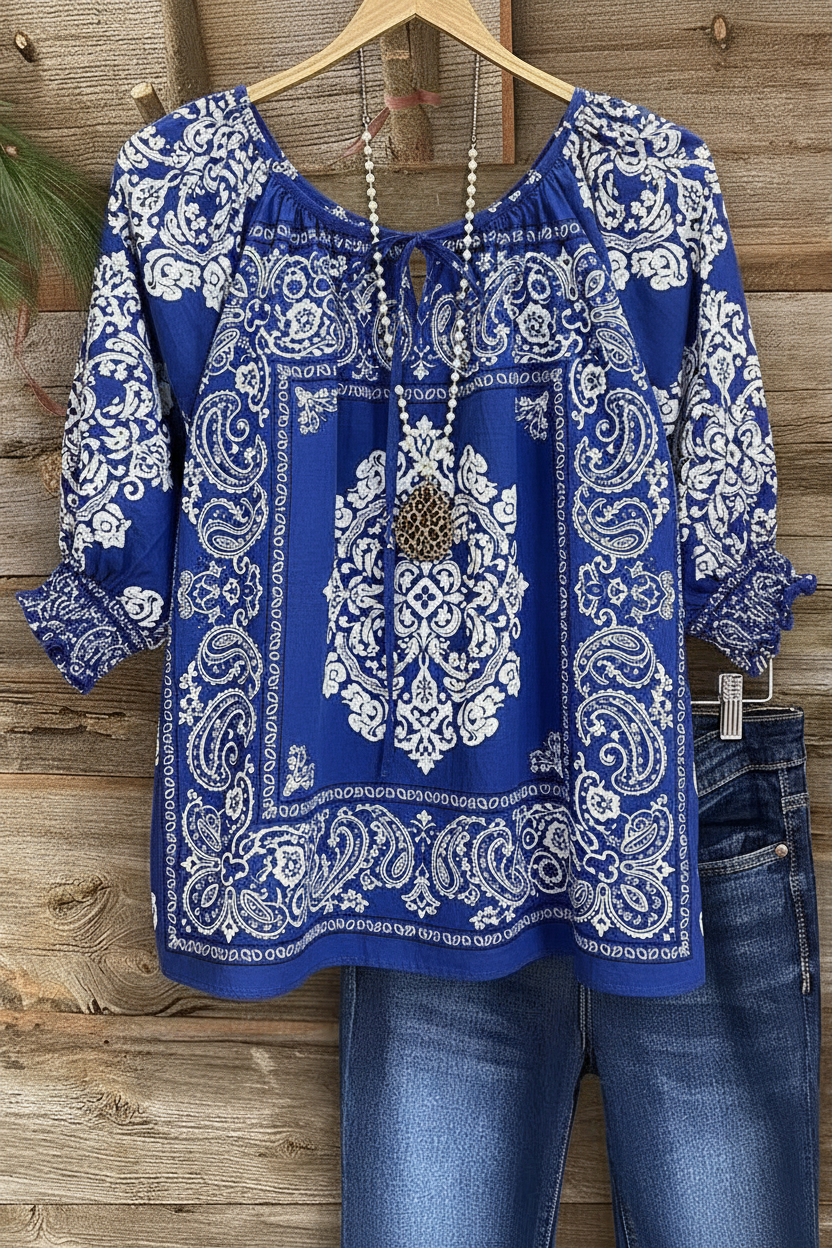 Cobalt Blue Damask Print Gathered Neckline Puff Sleeve Top