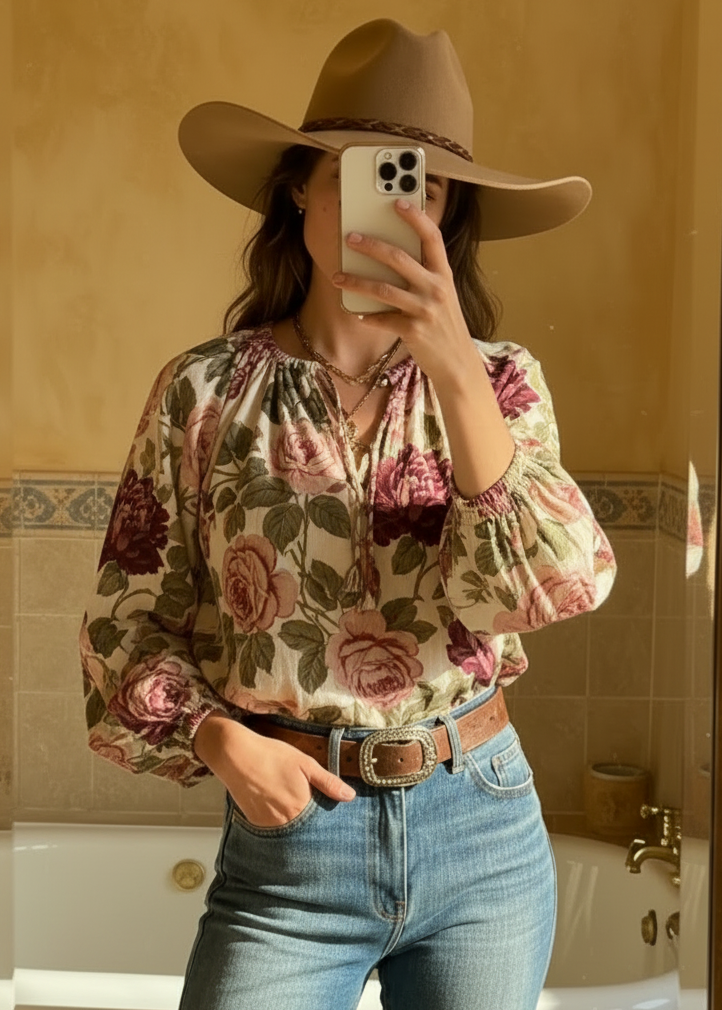 Vintage Rose Peony Floral Lantern Sleeve Boho Blouse