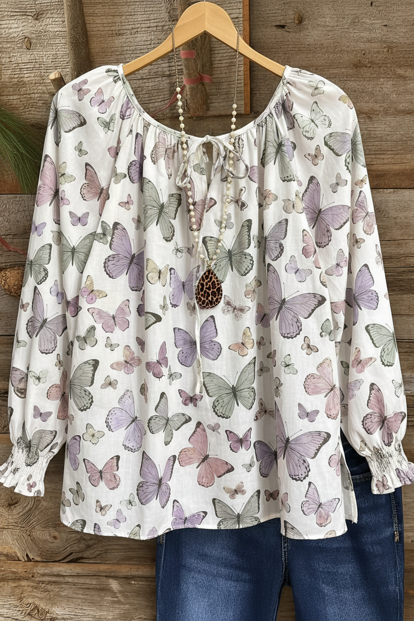 Butterfly Garden Print Gathered Cuff Peasant Top
