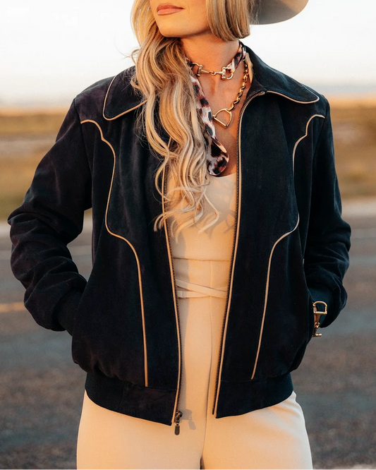 Black Gold Piping Horseshoe Embroidery Zip-Up Western Bomber Jacket - Front View