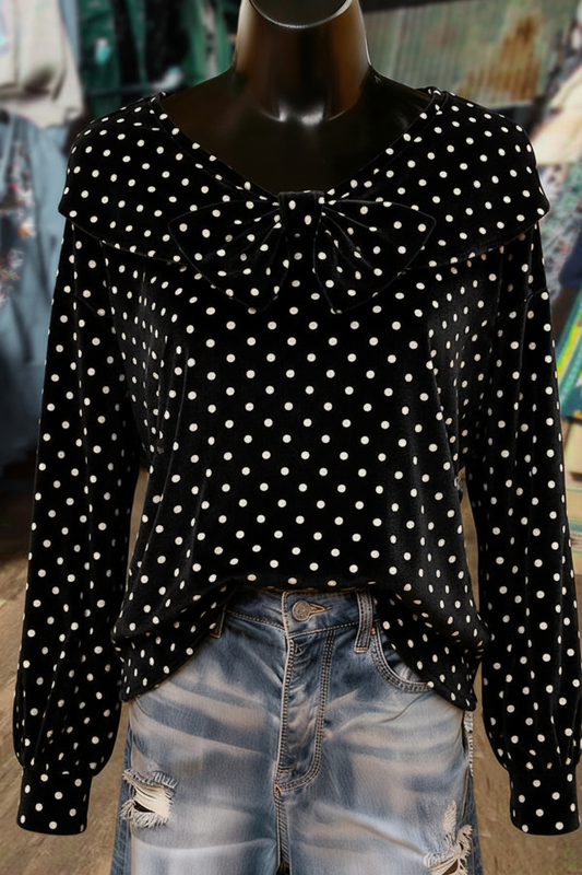 Black Polka Dot Bow Detailed Long Sleeve Velvet Top