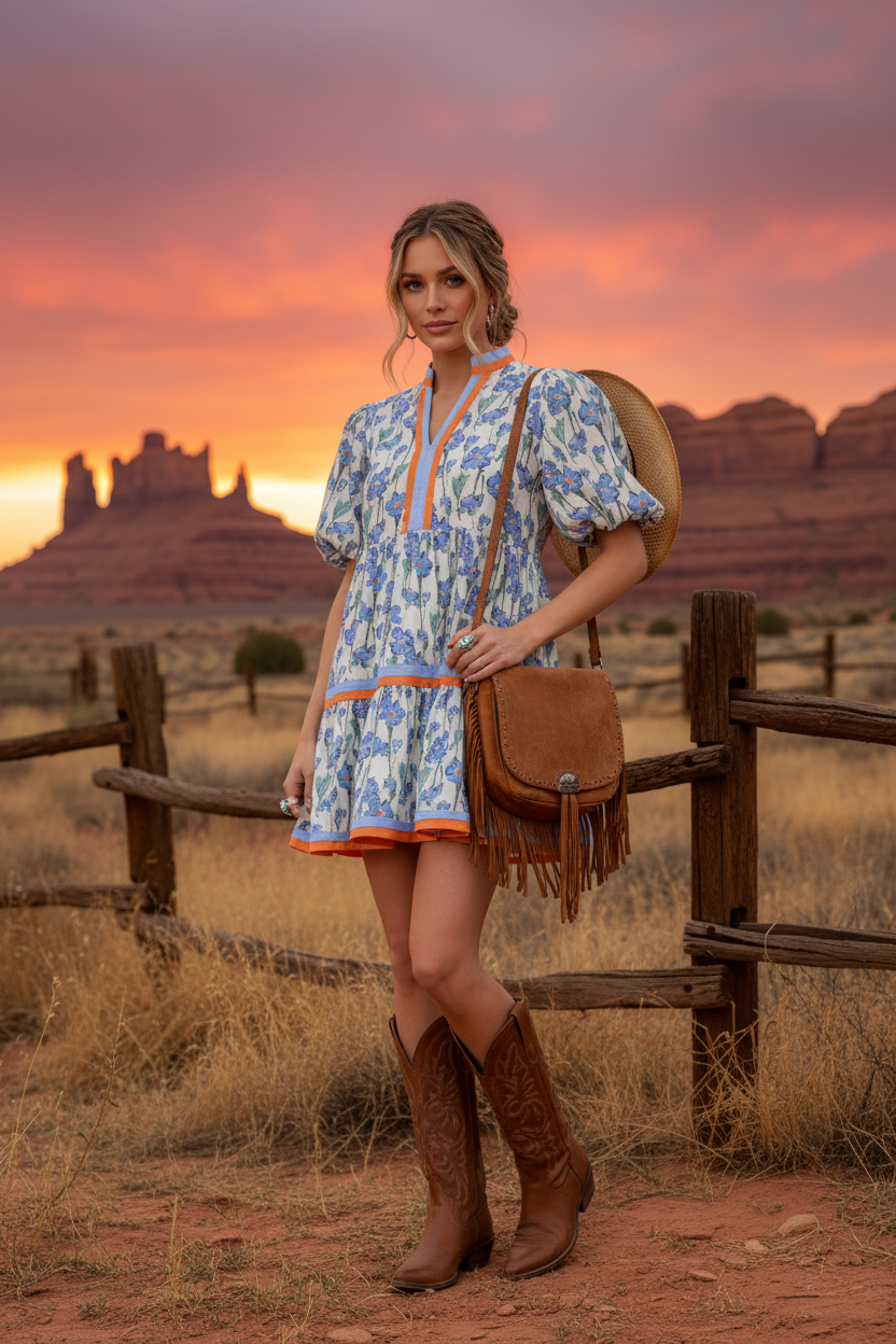 Floral Tiered Mini Dress - Light Blue