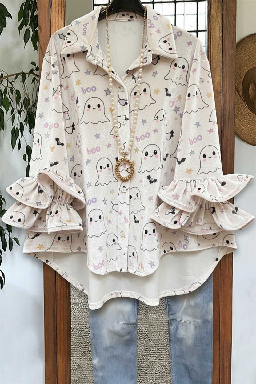 Kawaii Ghost Print Double Ruffle Cuff Velvet Blouse in Cream
