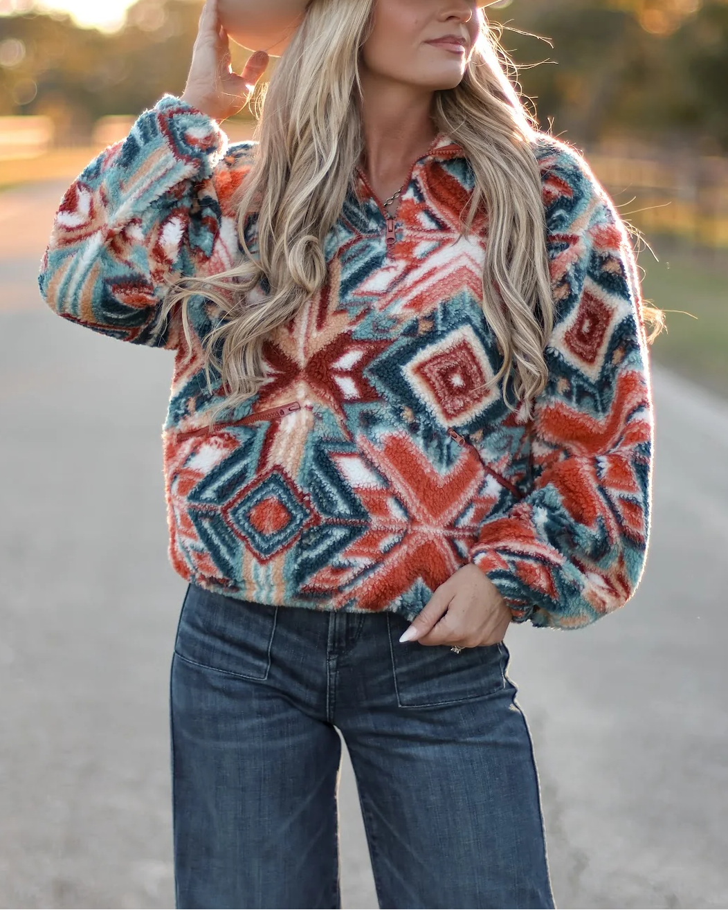 Multicolor Aztec Print Sherpa Half-Zip Pullover Sweatshirt - Front View