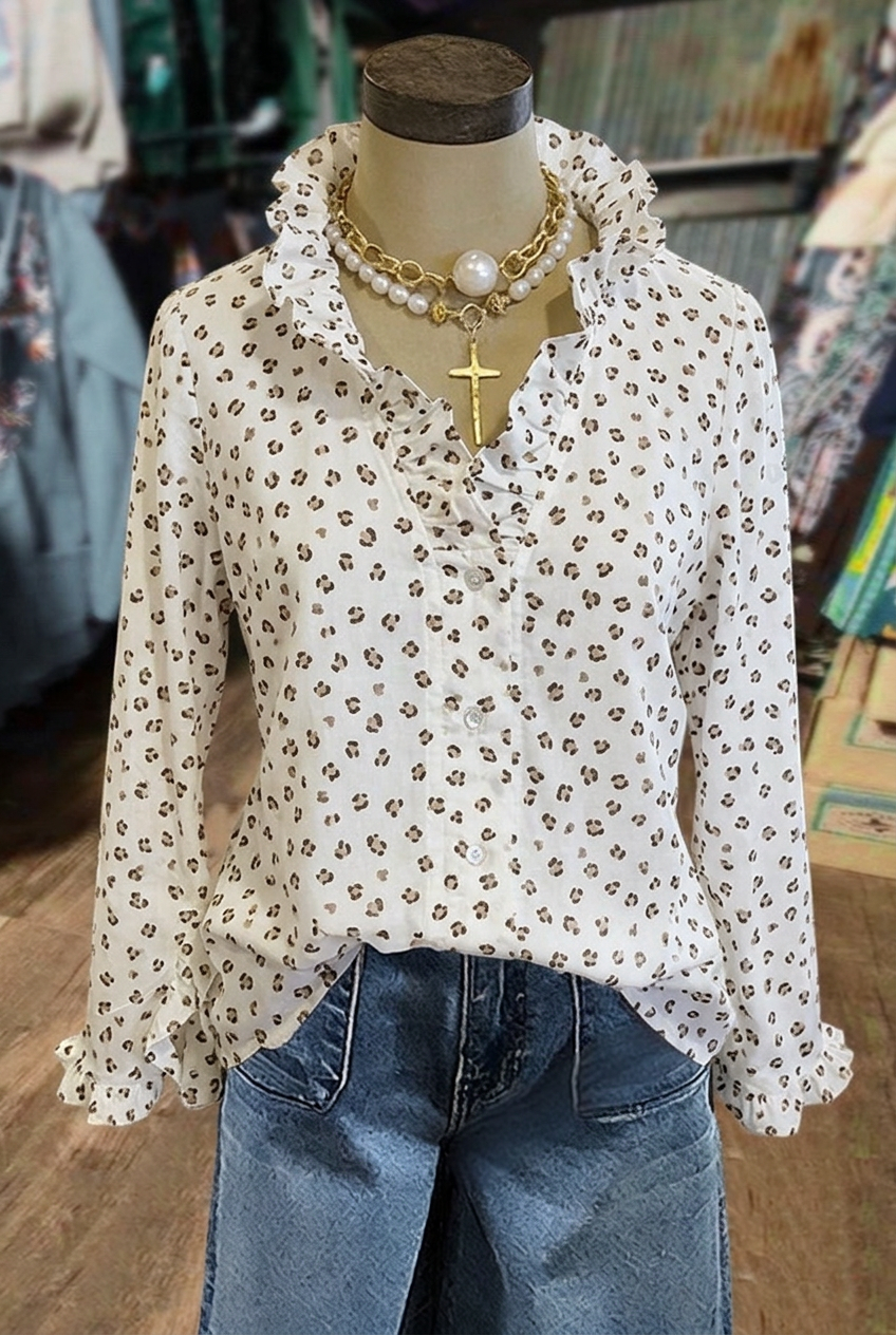 Petite leopard print ruffle neck long sleeve blouse