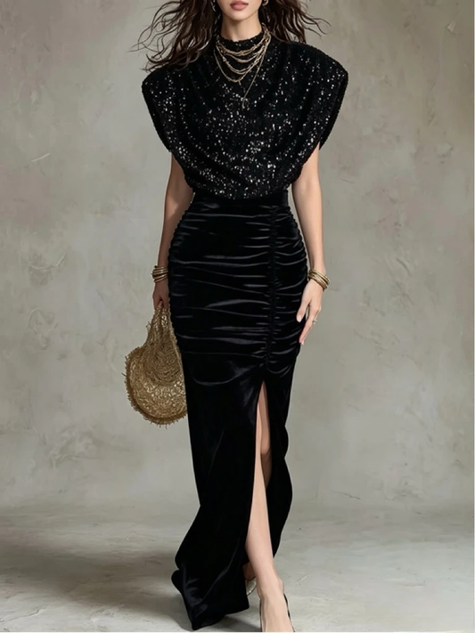 Black Sequin Top and Ruched Slit Maxi Skirt Set