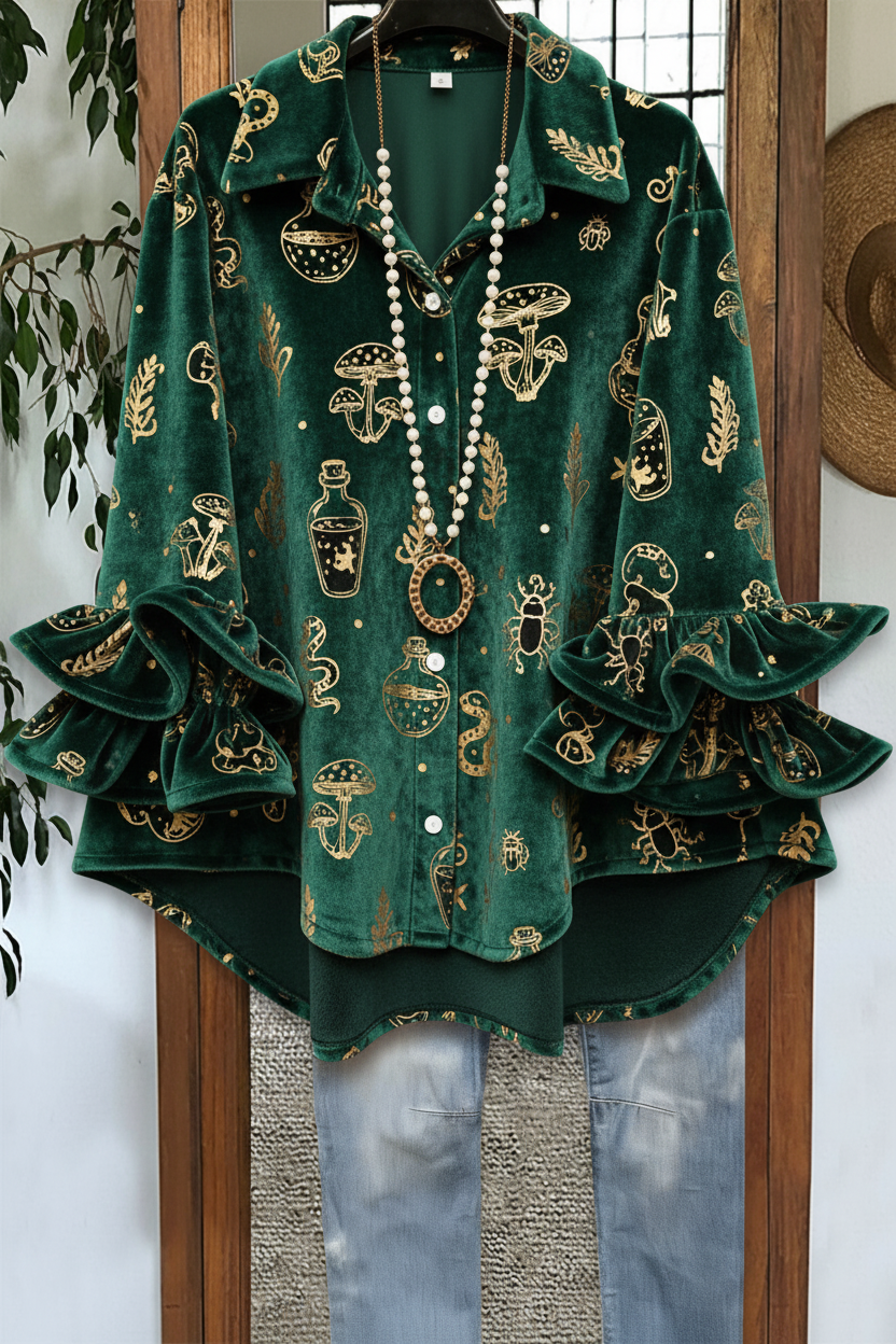 Dark Botanical Witch Print Double Ruffle Cuff Velvet Blouse in Emerald Green