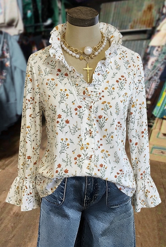 Western wildflower ruffle neck long sleeve blouse
