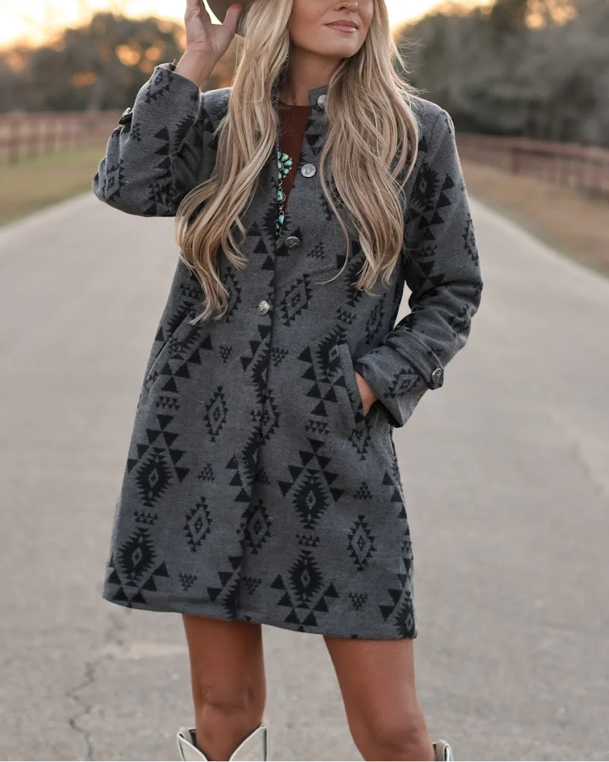 Charcoal Aztec Print Long Sleeve Button Front Mini Dress - Hand on Hat Pose