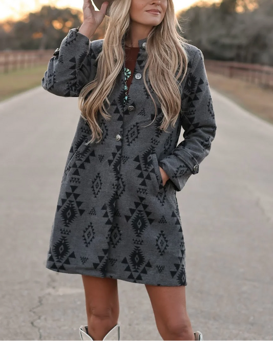 Charcoal Aztec Print Long Sleeve Button Front Mini Dress - Hand on Hat Pose