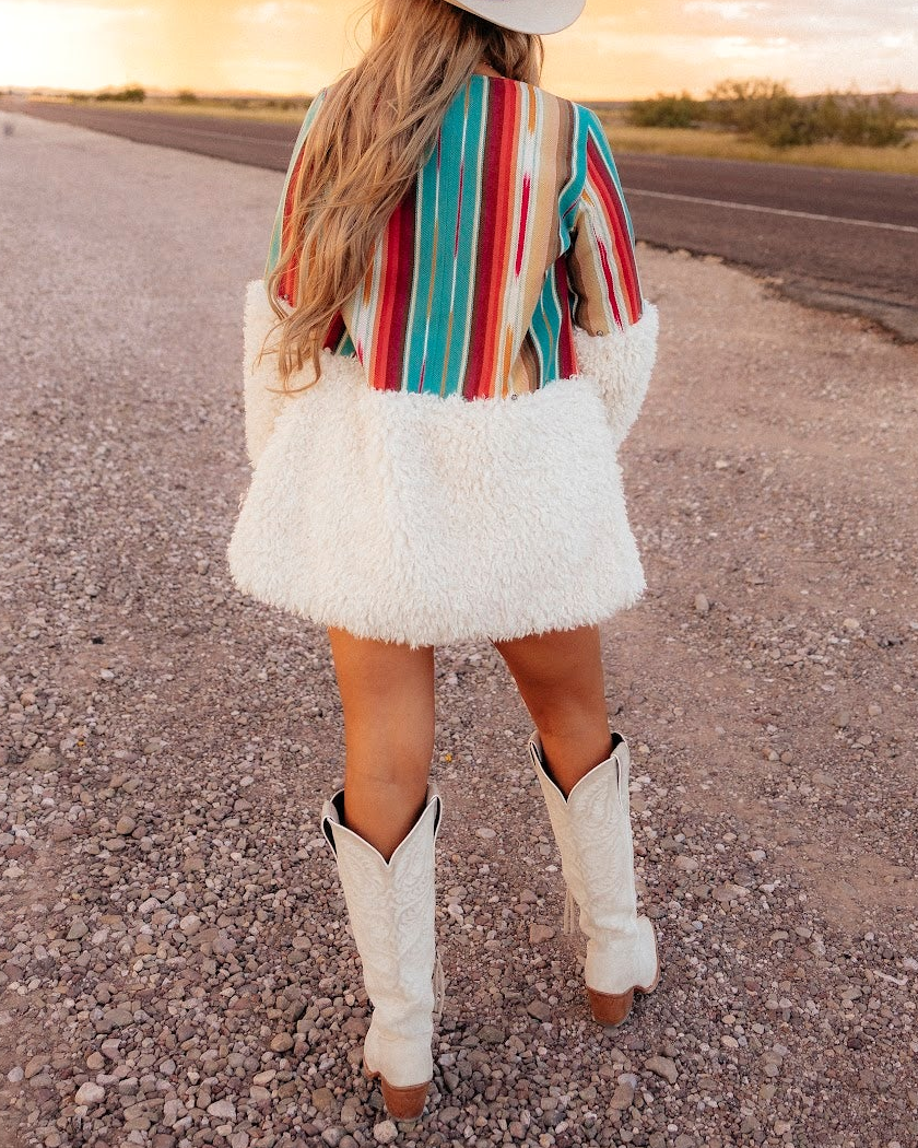 Serape Stripe & White Faux Fur Long Sleeve Western Jacket - Back View