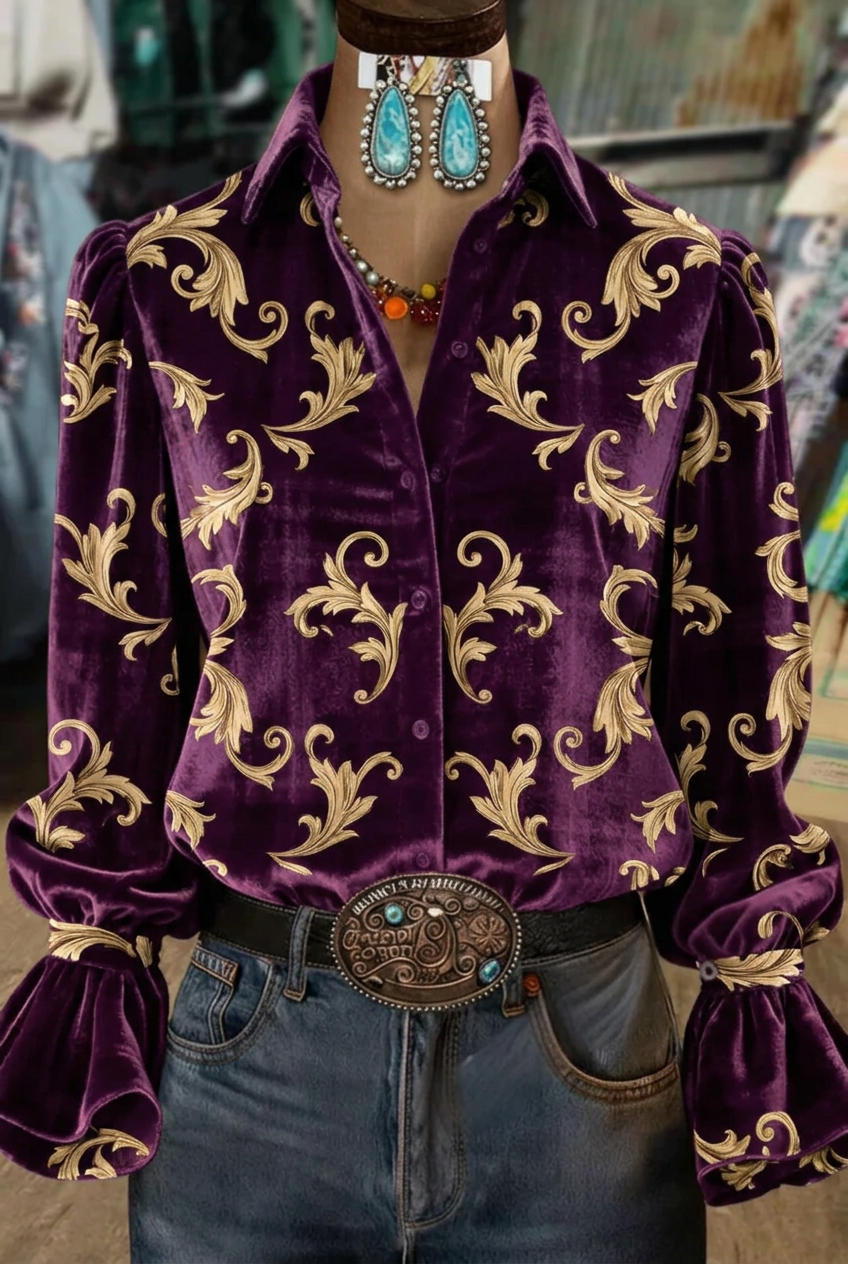 Deep purple champagne-gold Baroque scroll print velvet puff sleeve blouse