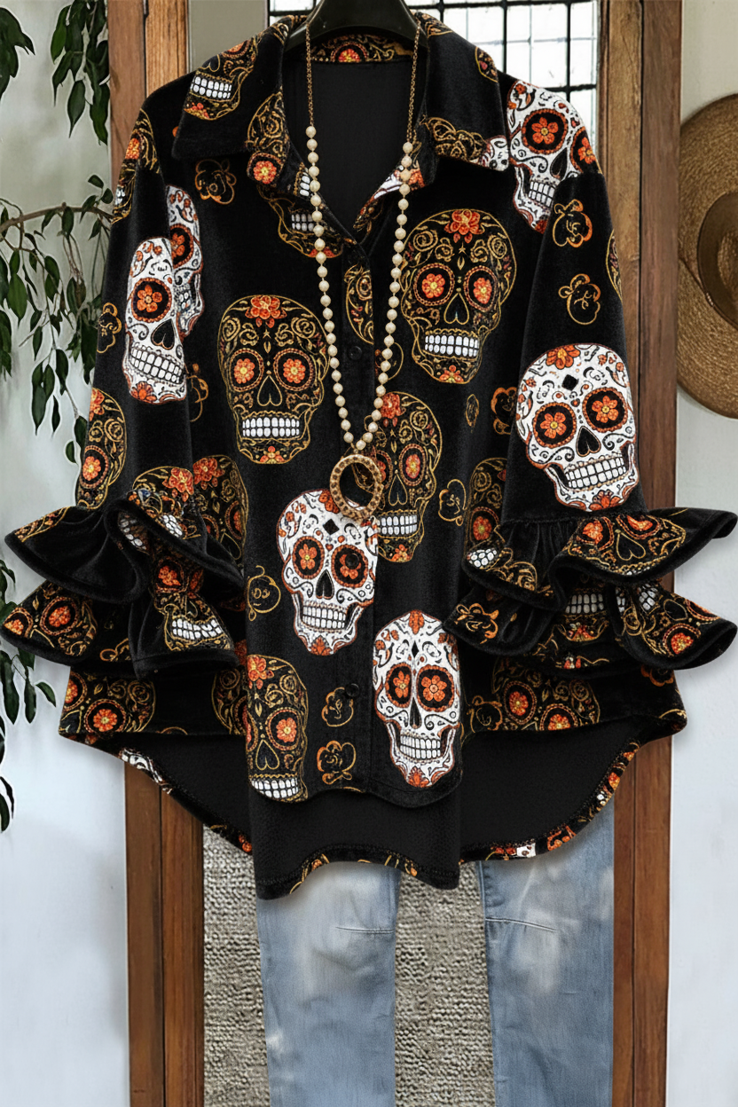 Day of the Dead Sugar Skull Print Double Ruffle Cuff Velvet Blouse in Black