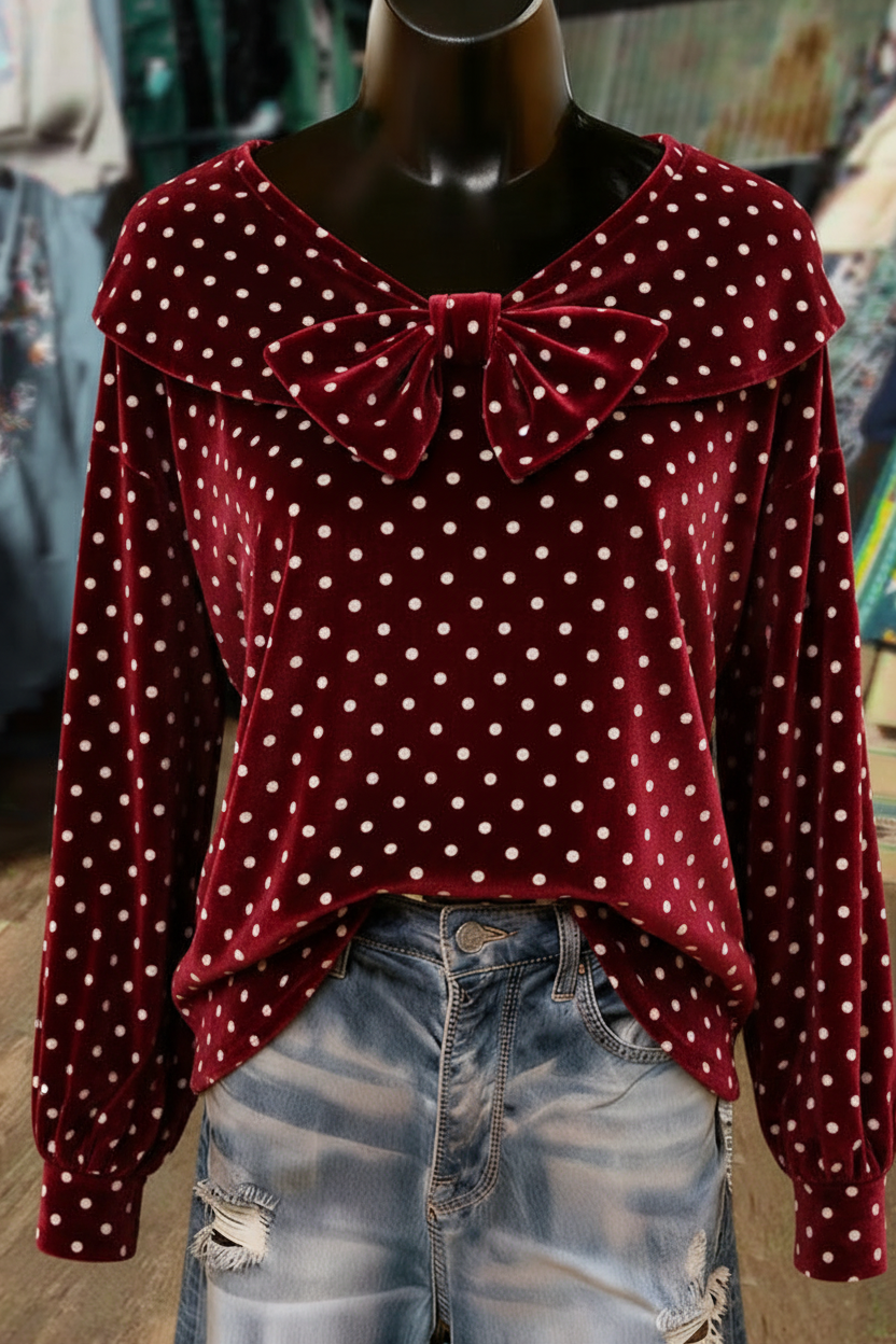 Burgundy Polka Dot Bow Detailed Long Sleeve Velvet Top
