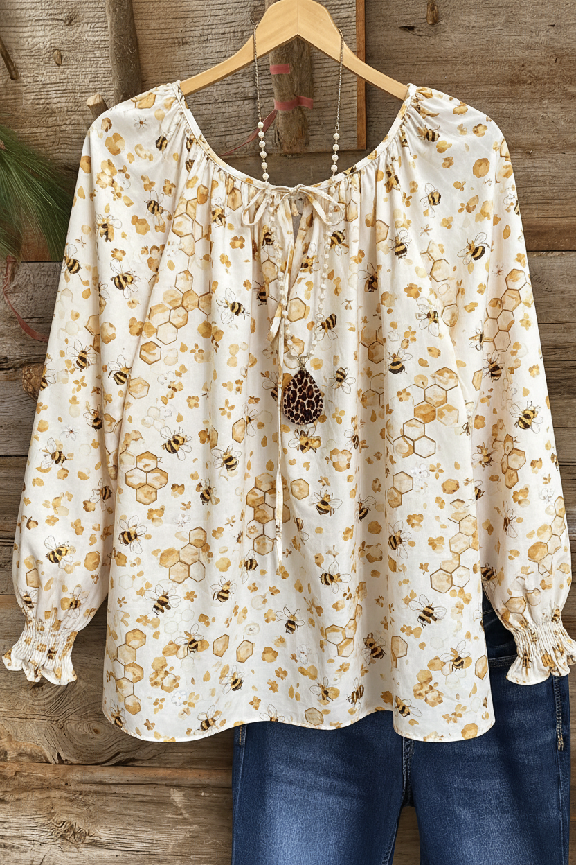 Bee & Honeycomb Print Gathered Cuff Peasant Top