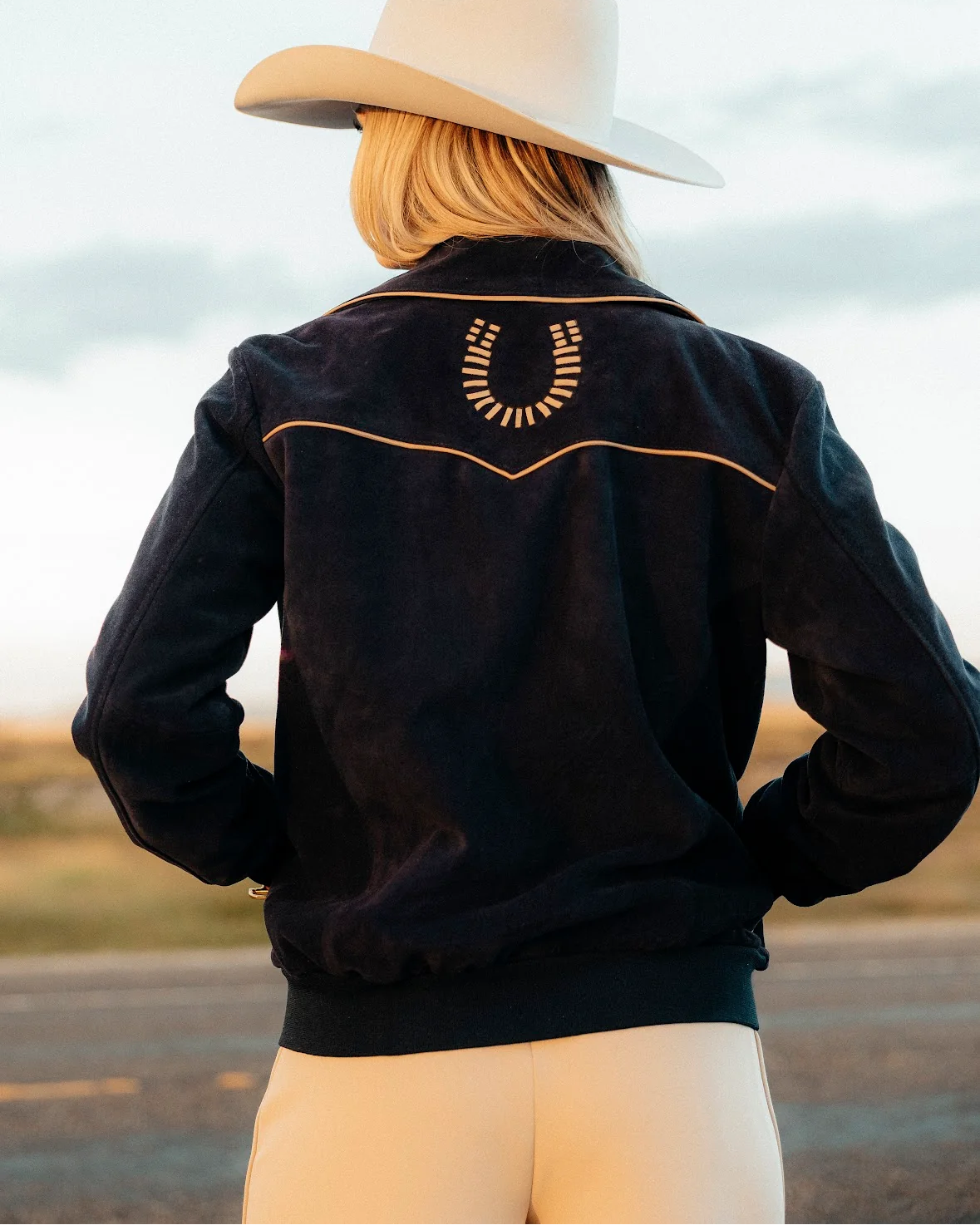 Black Gold Piping Horseshoe Embroidery Zip-Up Western Bomber Jacket - Back Horseshoe Embroidery View