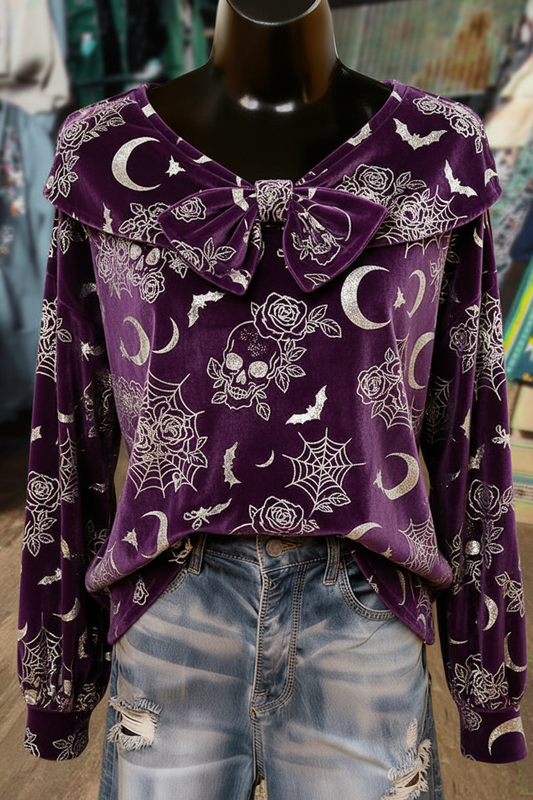 Purple Velvet Gothic Skull Rose Halloween Bow Detailed Long Sleeve Top