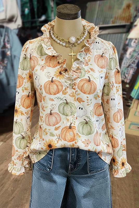 Cottagecore Watercolor Pumpkin Ghost Print Ruffle V-Neck Long Sleeve Blouse