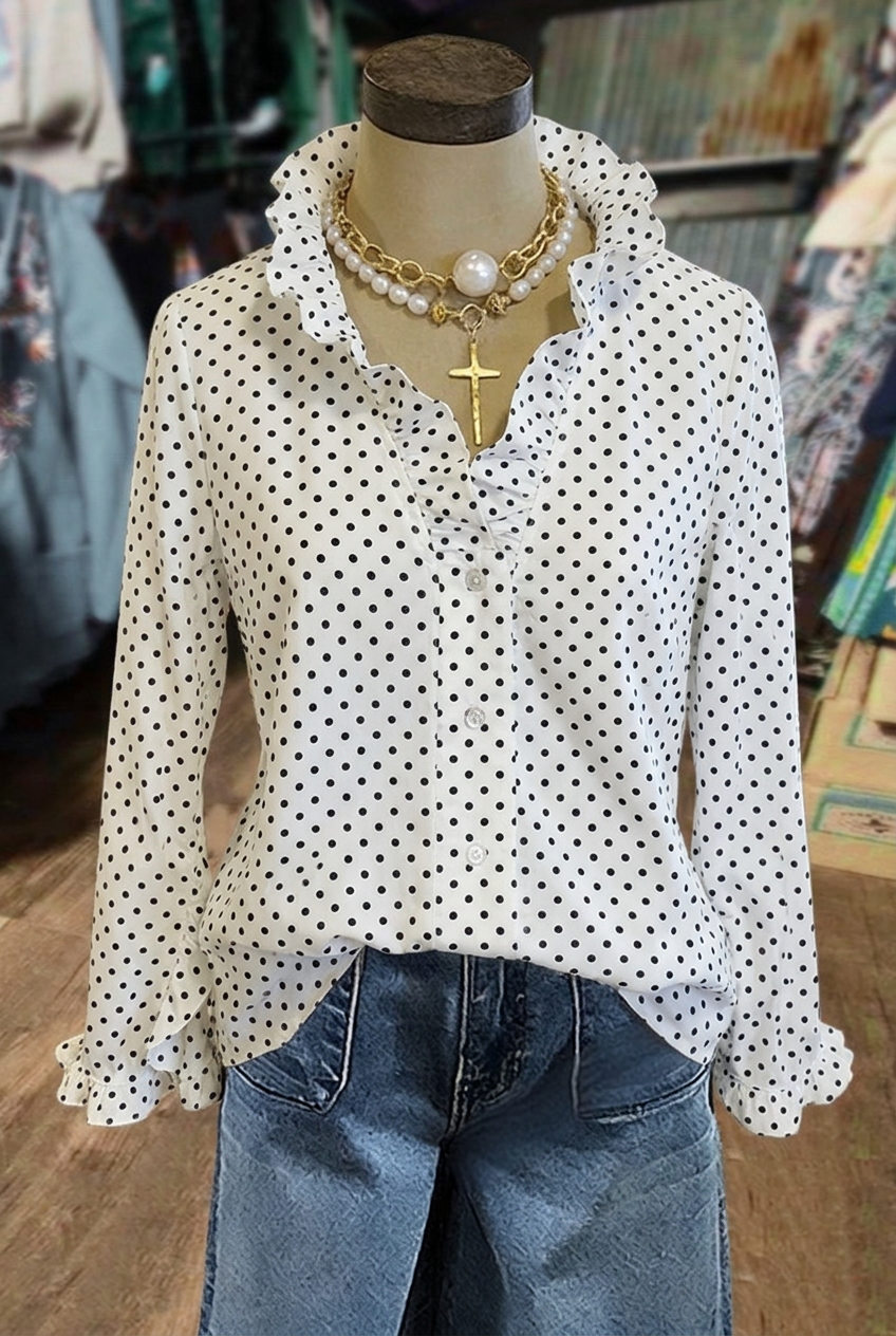 Classic white and black polka dot ruffle neck long sleeve blouse