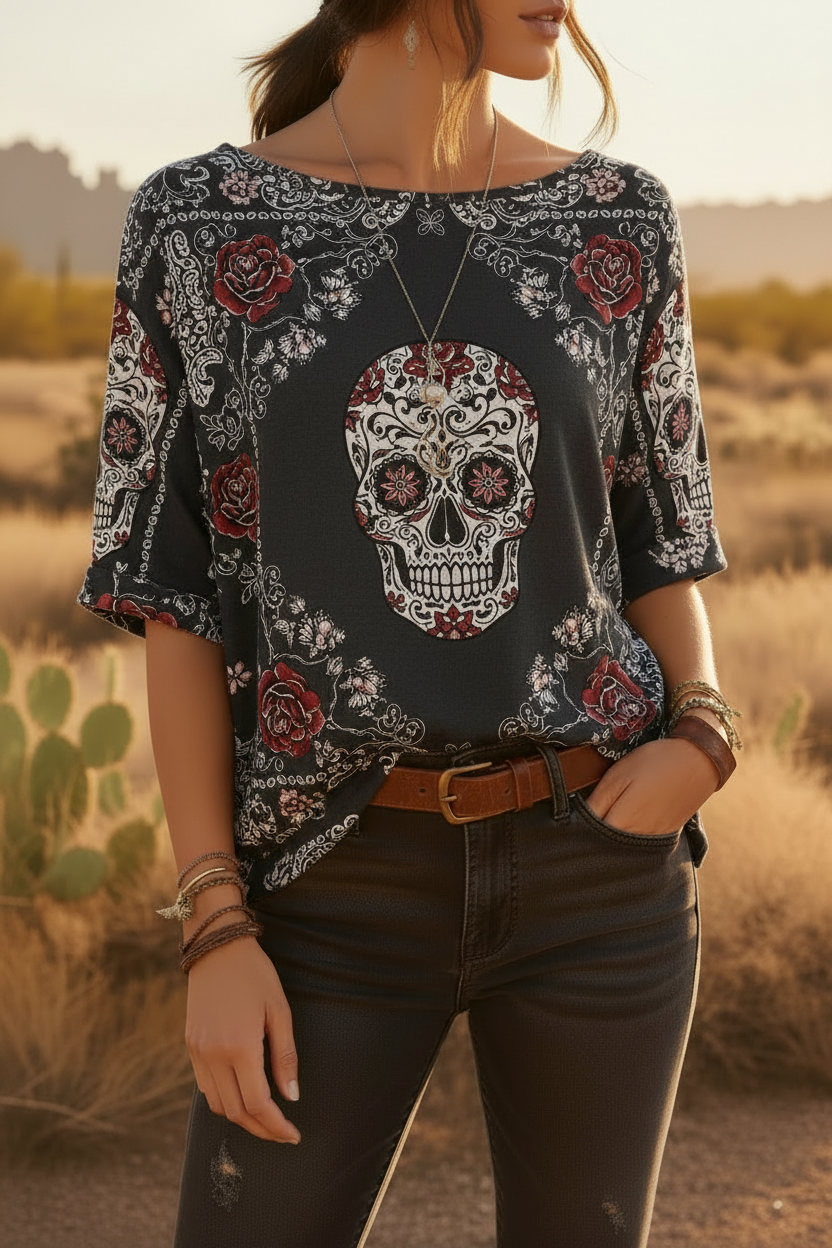 Skull and Roses Western Gothic Top