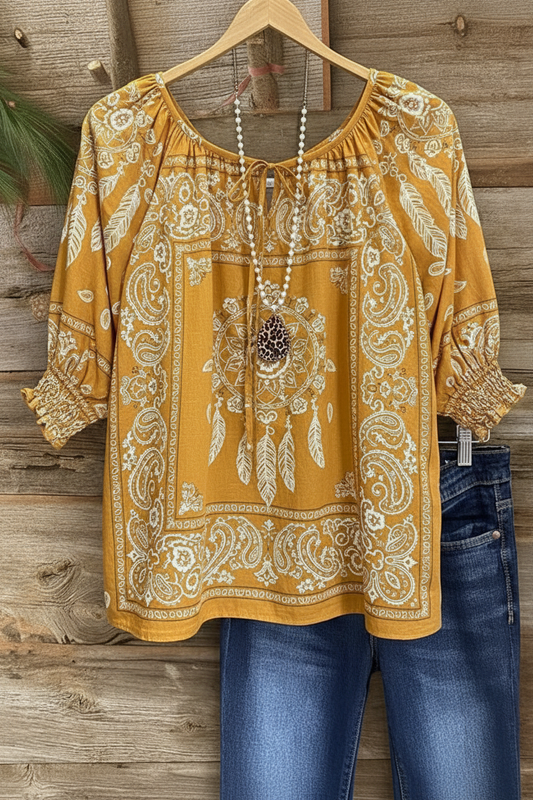 Mustard Yellow Dreamcatcher Print Gathered Neckline Puff Sleeve Top