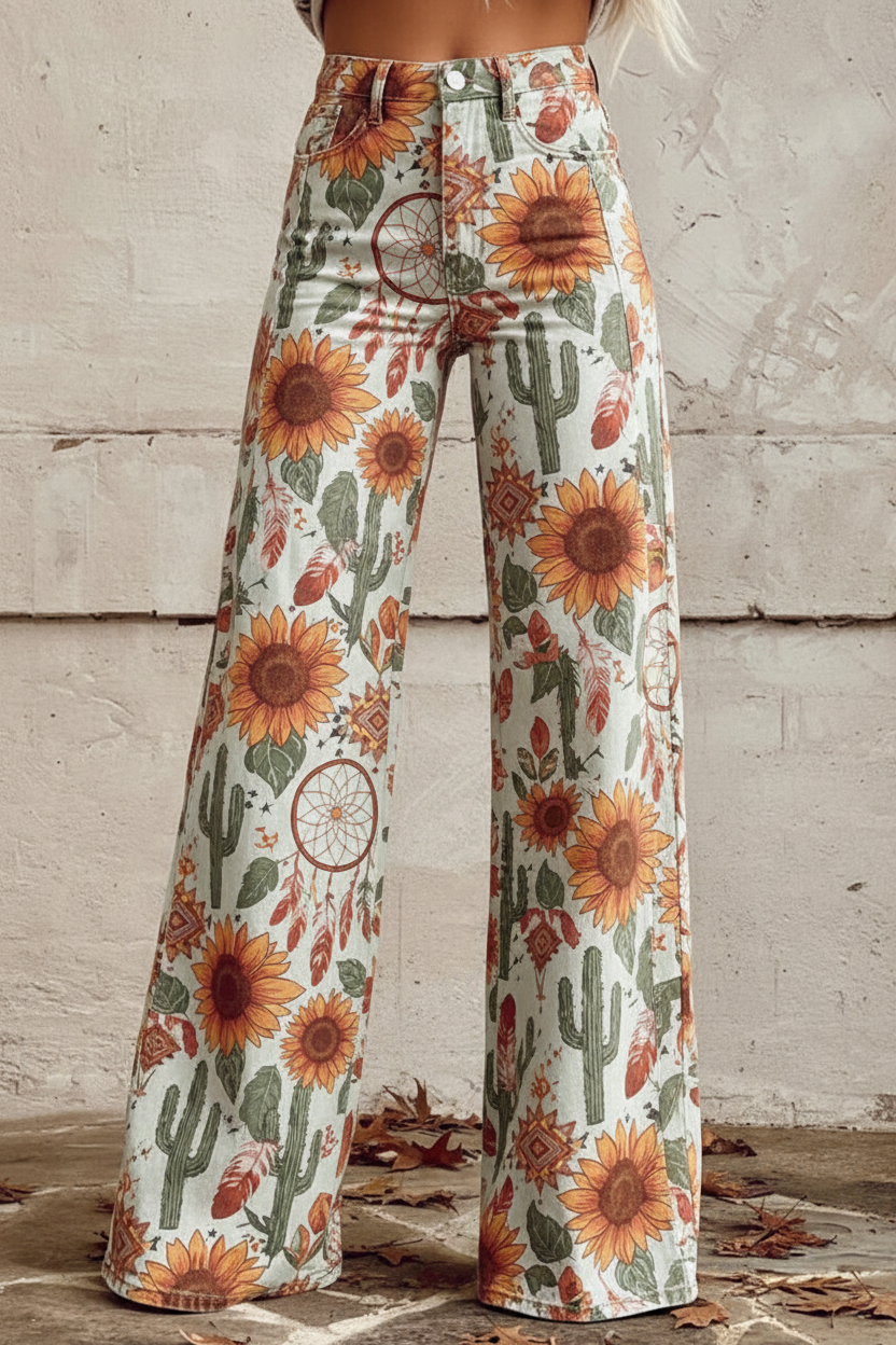 Boho Western Print Wide-Leg Jeans - Front View