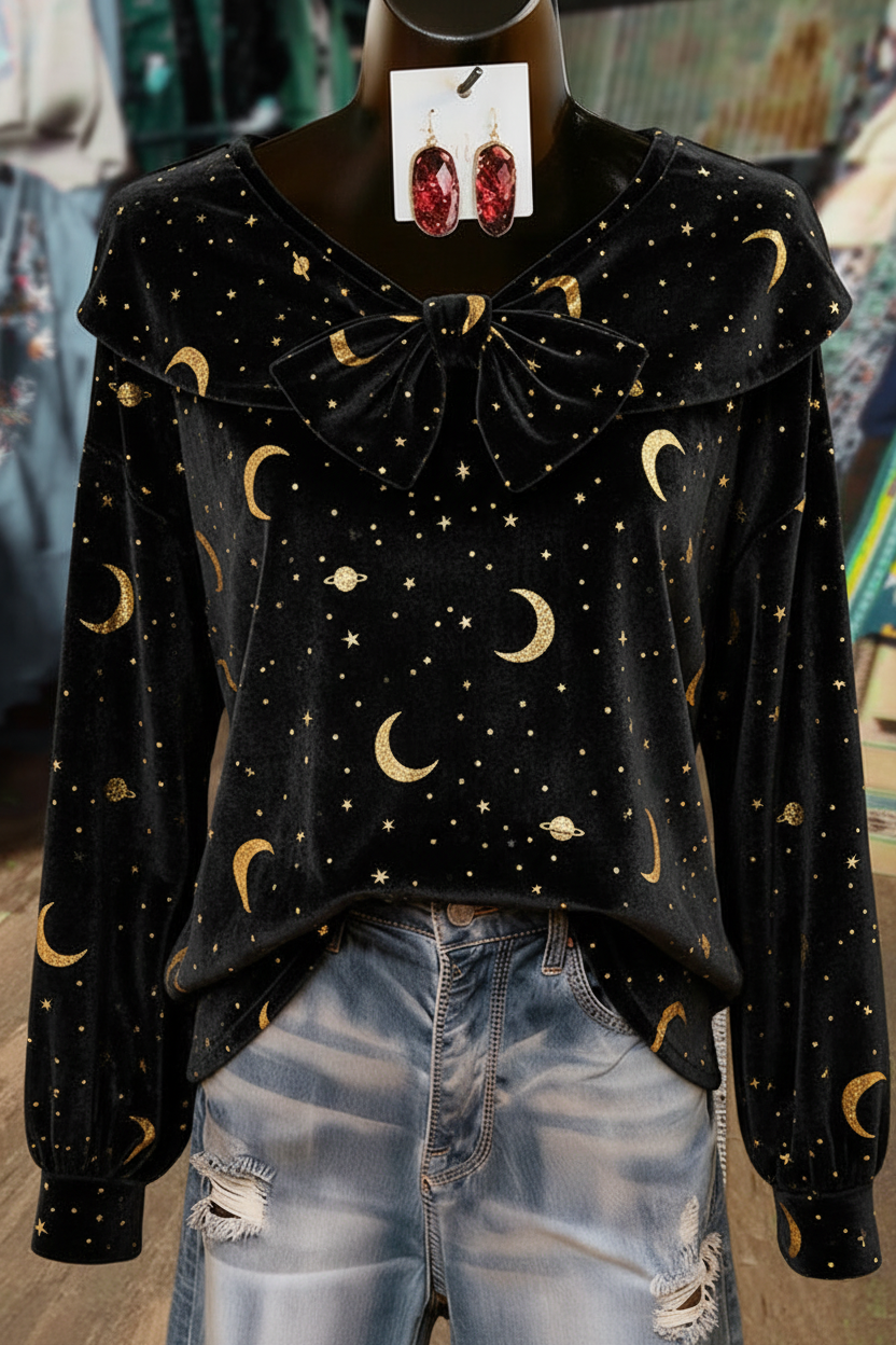 Black Velvet Celestial Print Bow Detailed Long Sleeve Top