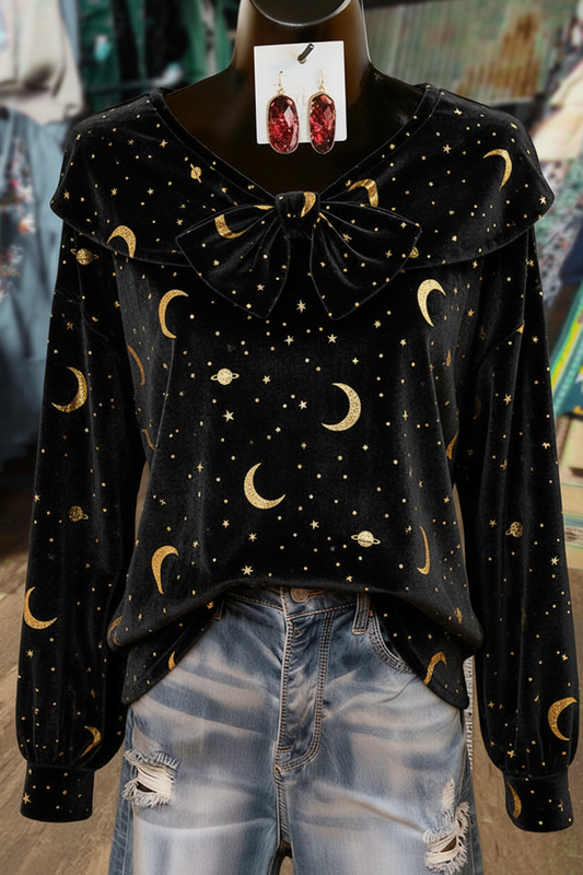Black Velvet Celestial Print Bow Detailed Long Sleeve Top