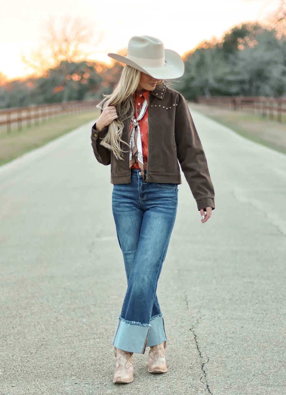 Dark Brown Suede Silver Stud Western Zip-Up Bomber Jacket - Full Length Lifestyle Shot