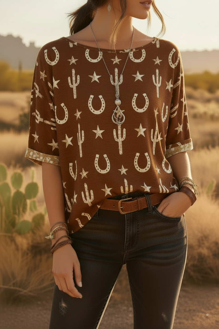 Horseshoe Star Western Print Top