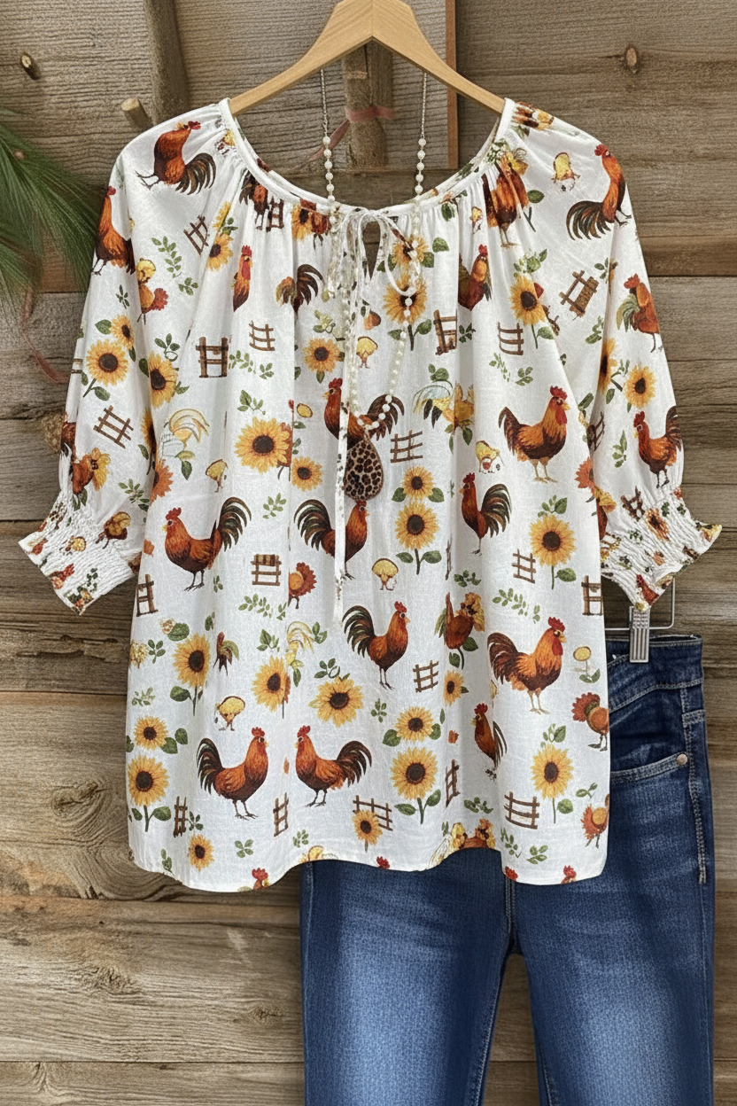 Rooster & Sunflower Farmhouse Print Gathered Neckline Puff Sleeve Top