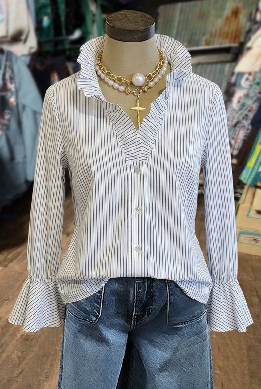 White blouse with navy pinstripes, ruffle neckline and long sleeves