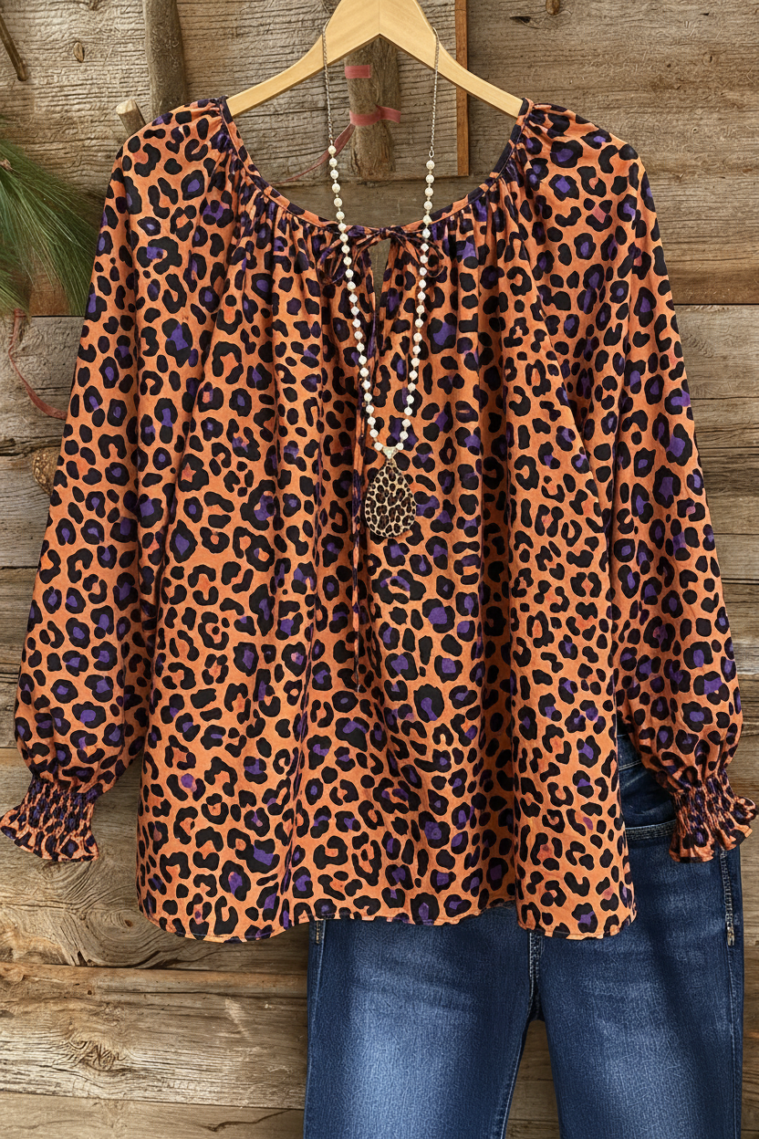 Halloween Leopard Print Gathered Cuff Peasant Top