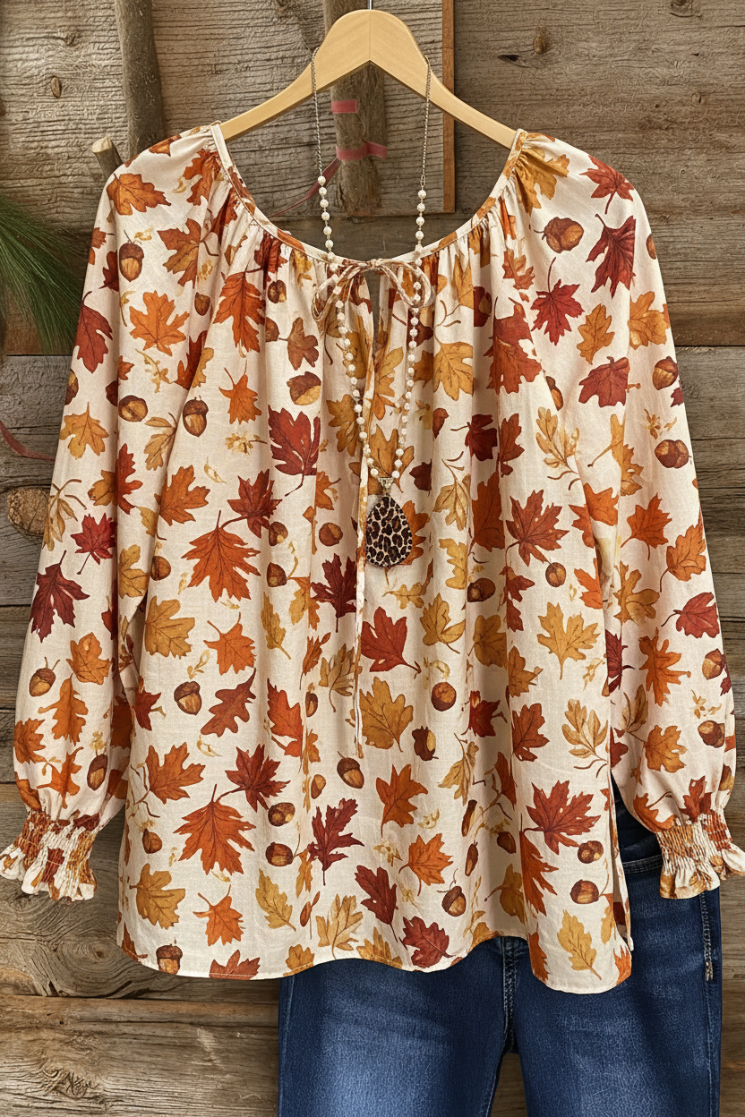 Fall Maple Leaf & Acorn Print Gathered Cuff Peasant Top