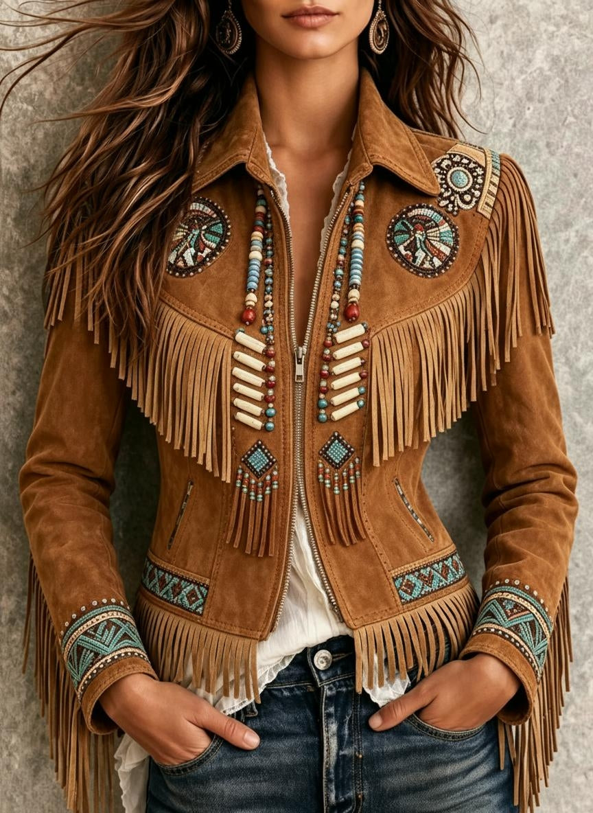 Tan Beaded Fringe Western Jacket