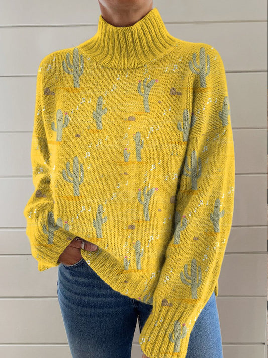 Yellow Note Cactus Printing Knit Turtleneck Pullover Sweater