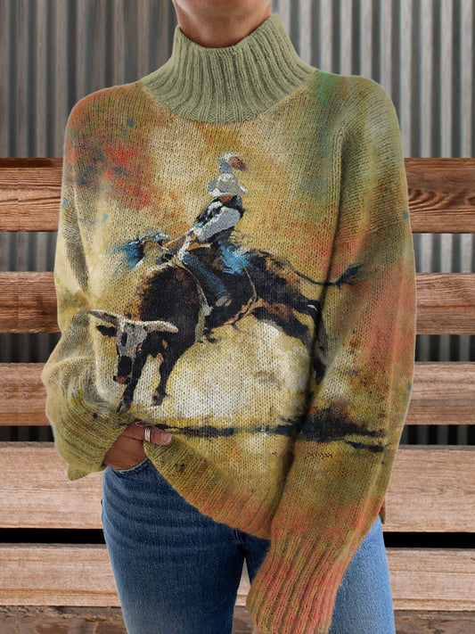 Vintage Print Knit Turtleneck Pullover Sweater