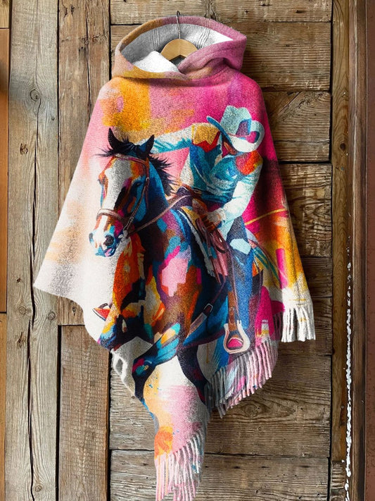 Women's Vintage Abstract Colorful Cowboy Horse Art Print Casual Knitted Blanket Poncho Hood Cape