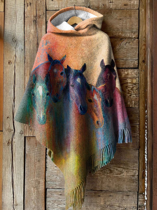 Women's Retro Gradient Horse Art Print Casual Knitted Blanket Poncho Hood Cape