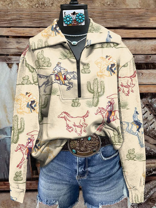 Vintage Western Cactus Rodeo Print Cozy Plush Sweatshirt