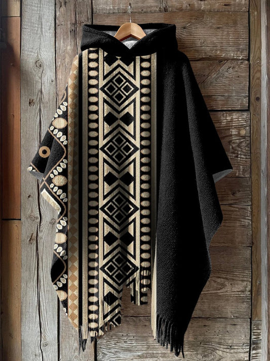 Women's Black Vintage Aztec Print Casual Knitted Blanket Poncho Hood Cape