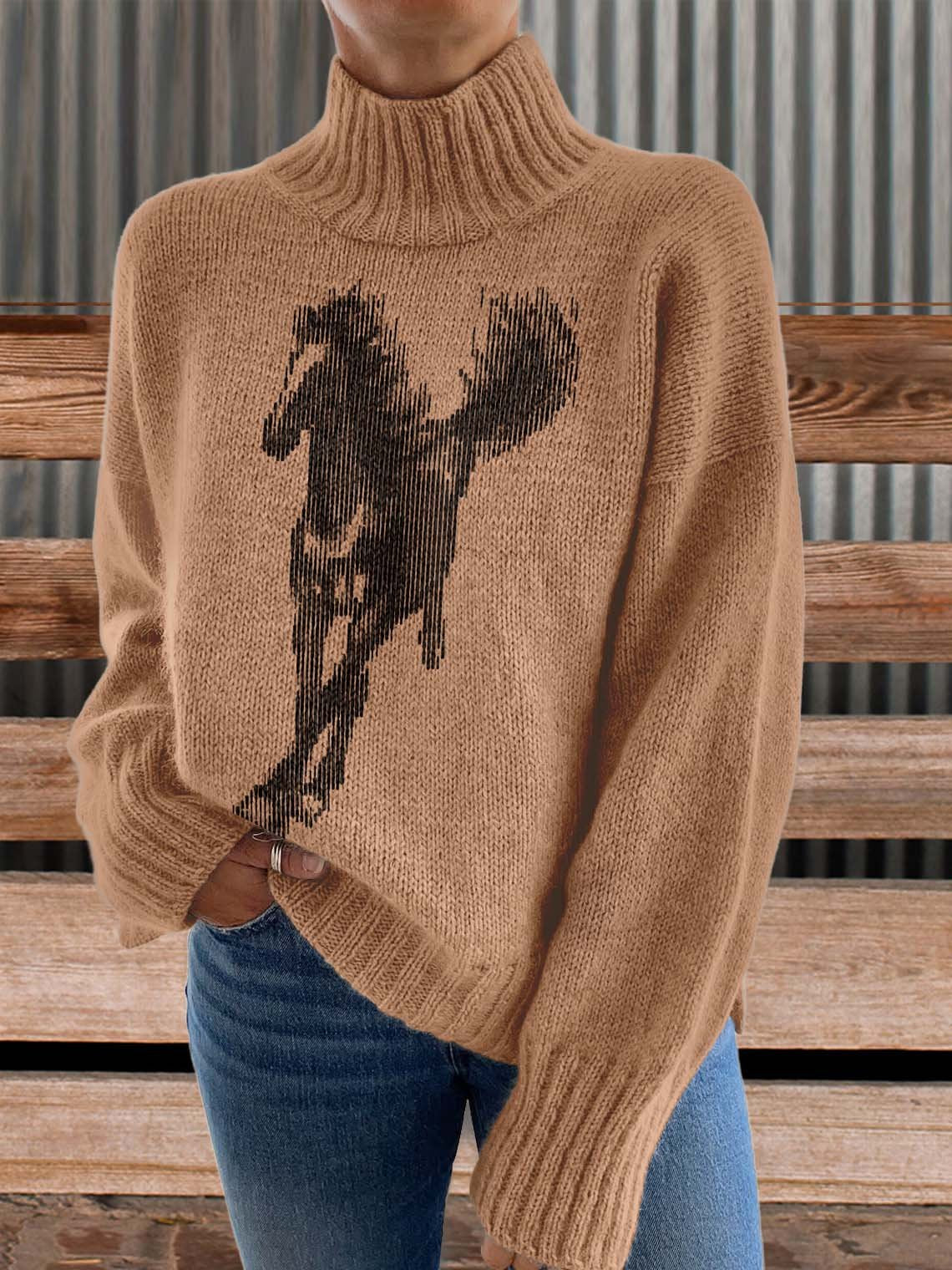 Horse Art Print Knit Turtleneck Pullover Sweater