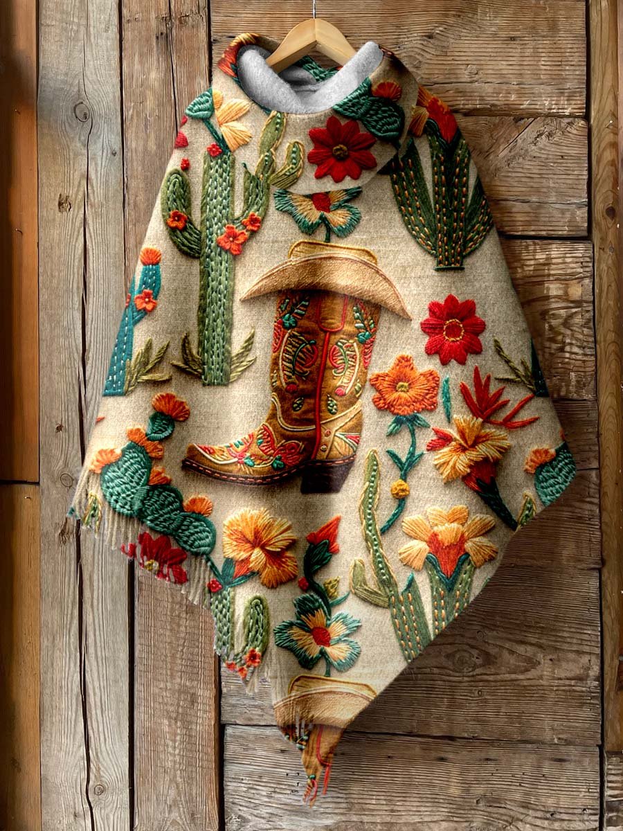 Women's Cactus Print Casual Knitted Blanket Poncho Hood Cape