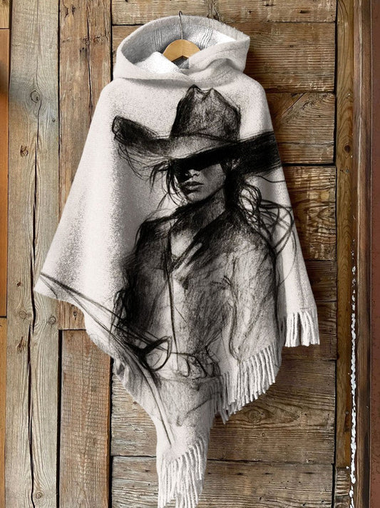 Women's Vintage Wild West Cowgirl Art Print Casual Knitted Blanket Poncho Hood Cape