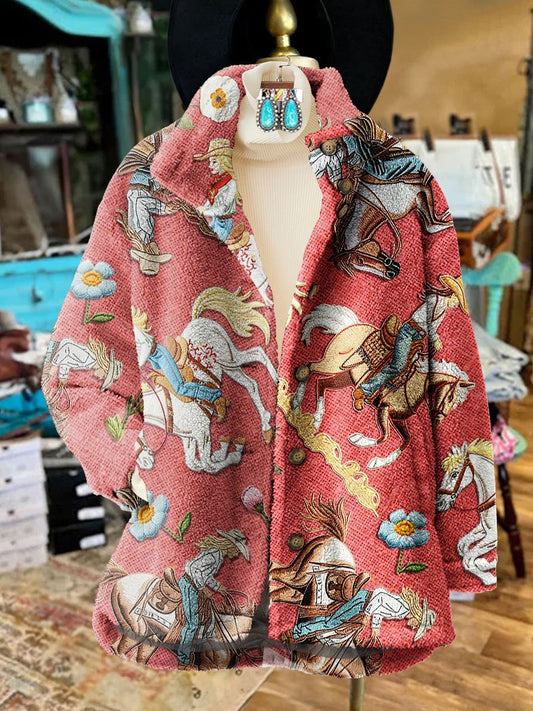 Women's Retro Abstract Colorful Cowboy Warhorse Art Casual Sherpa Coat Cardigan