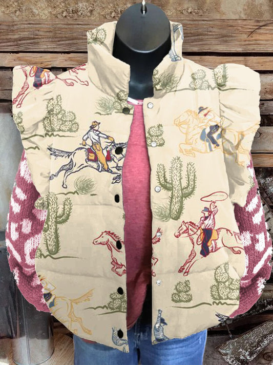 Women's Vintage Western Cactus Rodeo Print Casual Quilted Cardigan