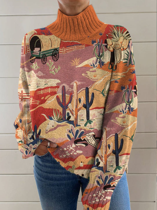 Western Cactus Printing Knit Turtleneck Pullover Sweater