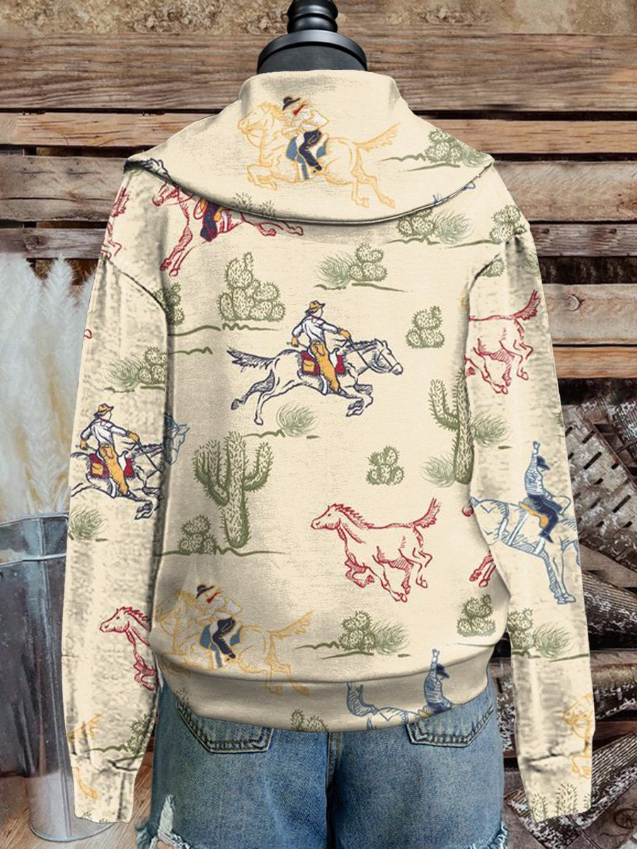 Vintage Western Cactus Rodeo Print Cozy Plush Sweatshirt