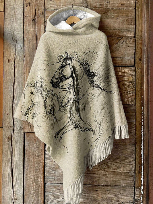 Women's Vintage Wild West Wild Horse Art Print Casual Knitted Blanket Poncho Hood Cape