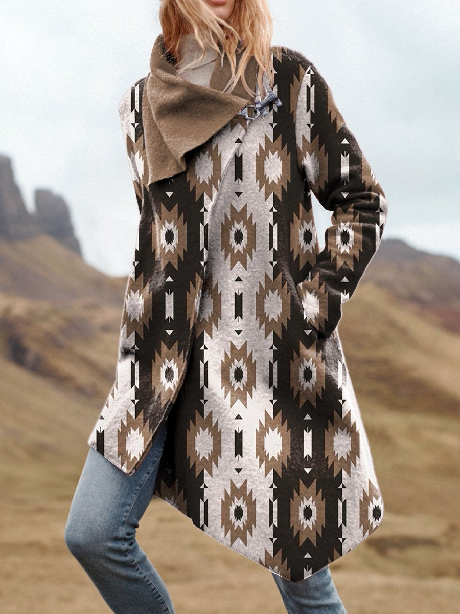 Women's Brown Vintage Aztec Geometry Print Casual Asymmetrical Coat